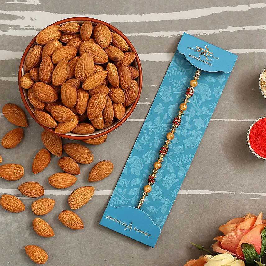 Traditional Golden Pearl Rakhi And Healthy Almonds