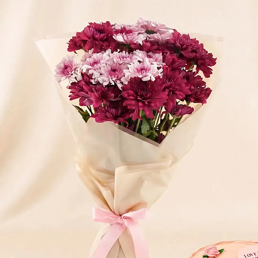 Elegant Dual Chrysanthemum Bouquet and Cake For Her