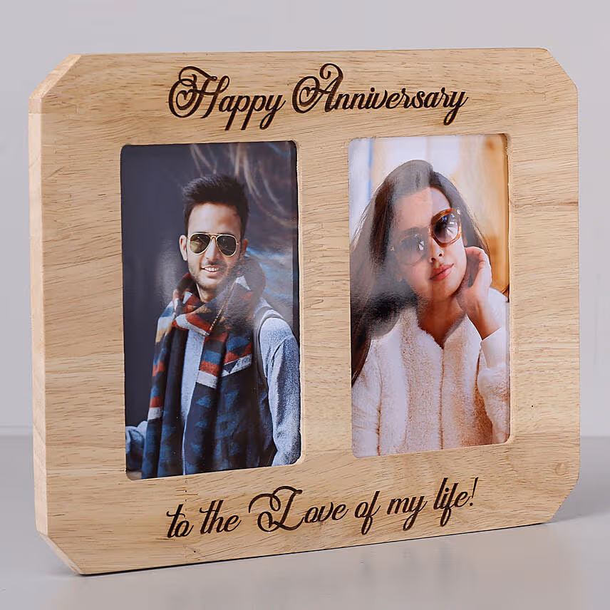 personalised happy anniversary wooden photo frame with card