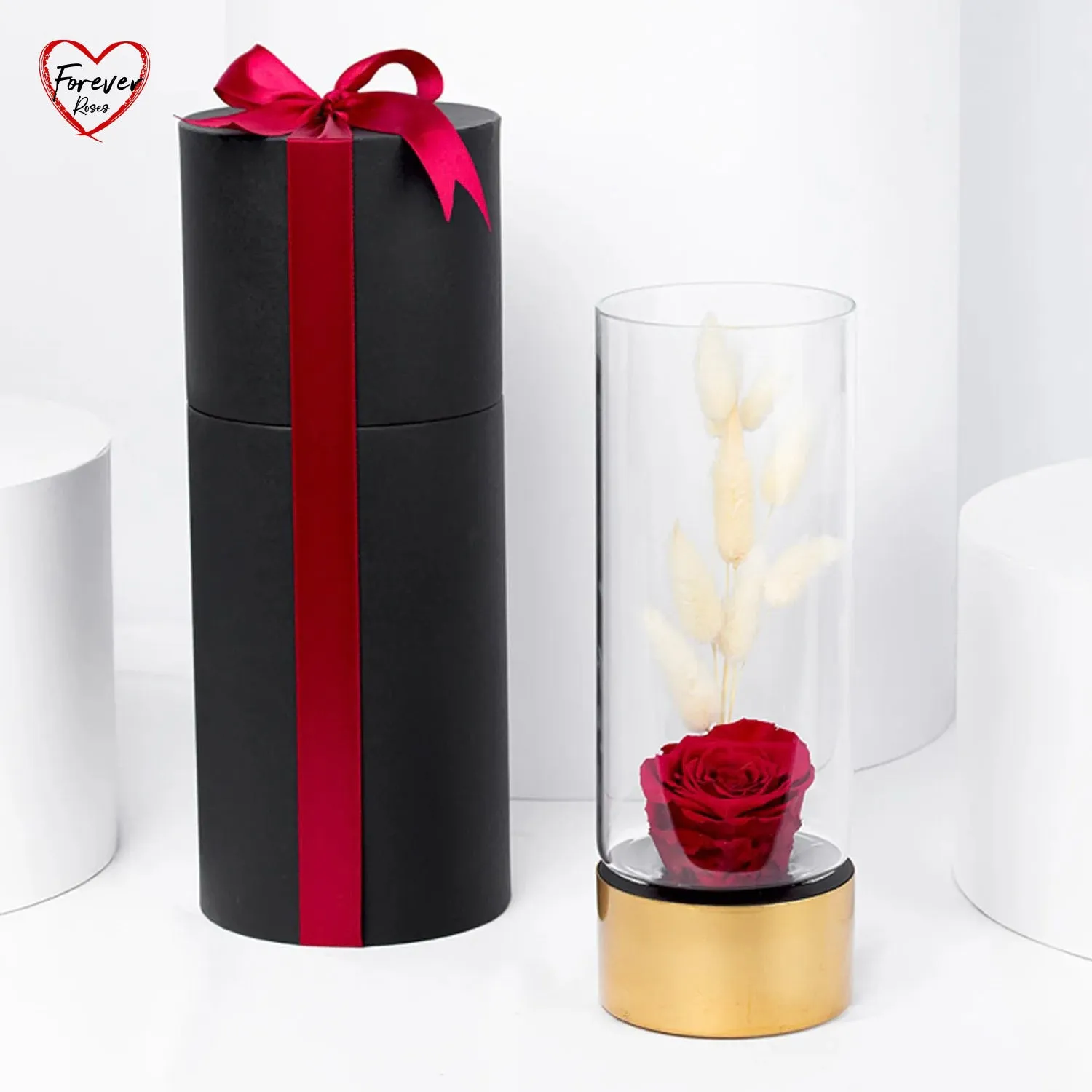 Exquisite Luxury Red Forever Rose in Elegant Gold Glass Vase