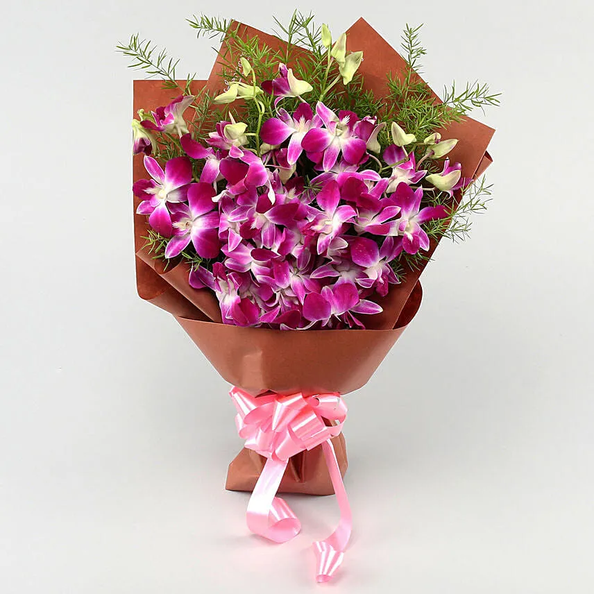 Six Exotic Purple Orchids Bouquet With Teddy