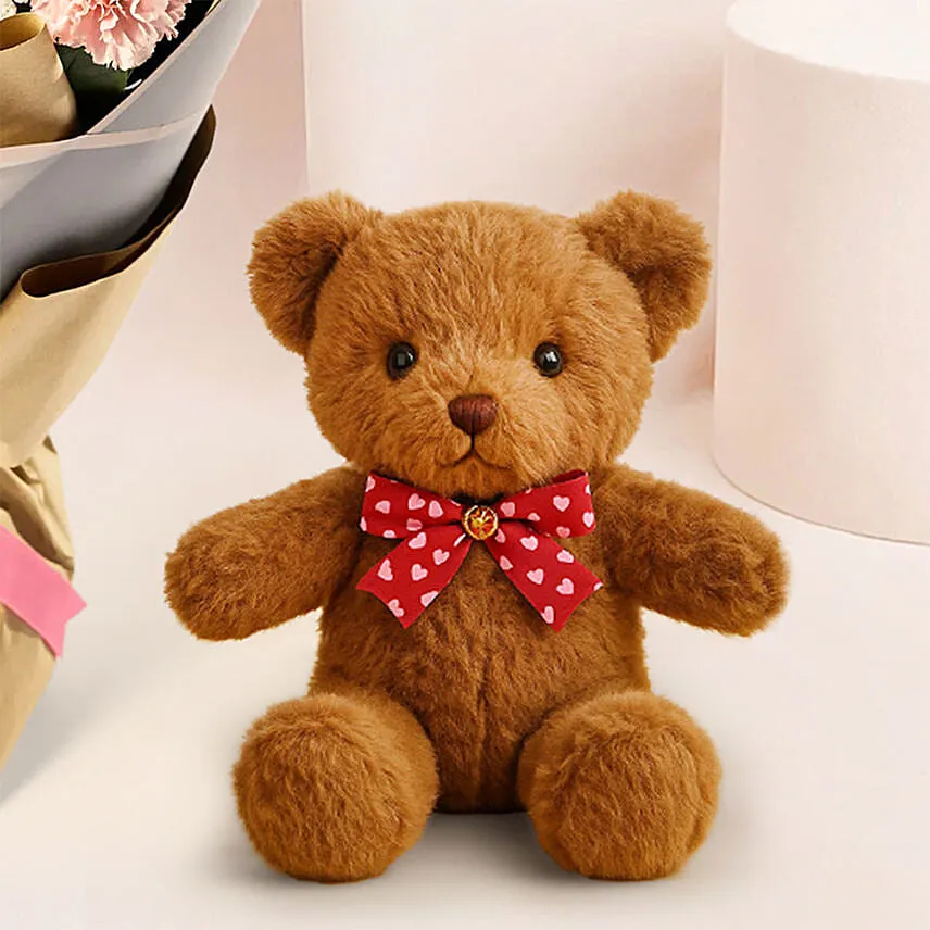 Appealing Mixed Carnations Bouquet With Teddy Bear