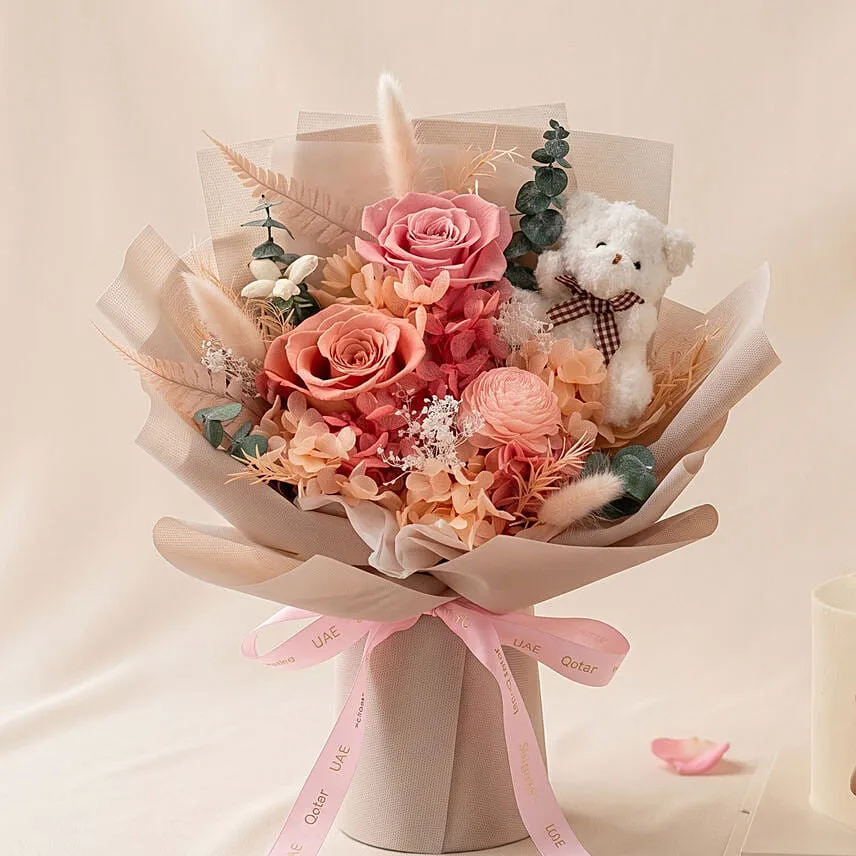 Teddy Bear Surprise - Preserved Flower Bouquet and Cake