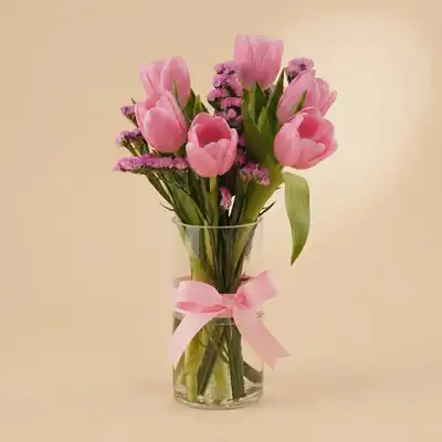 Elegant Pink Tulips & Statice in Glass Vase - Arrangement