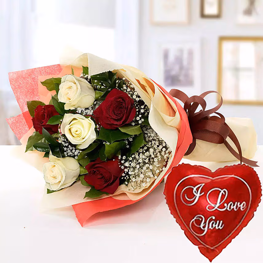 Red N White Roses With I Love You Balloon
