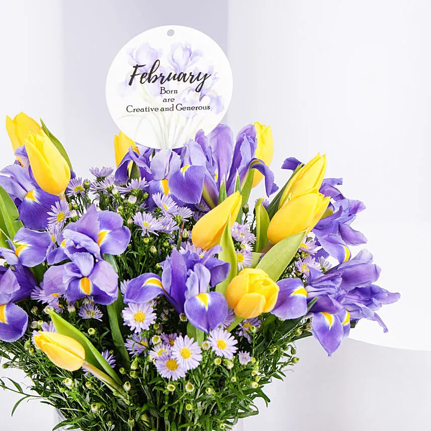 Feb Birthday Flower Iris & Tulips with Rochers