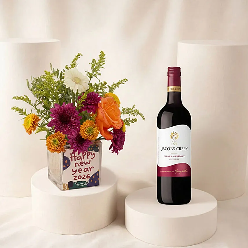 New Year Flowers and Wine Gift Set