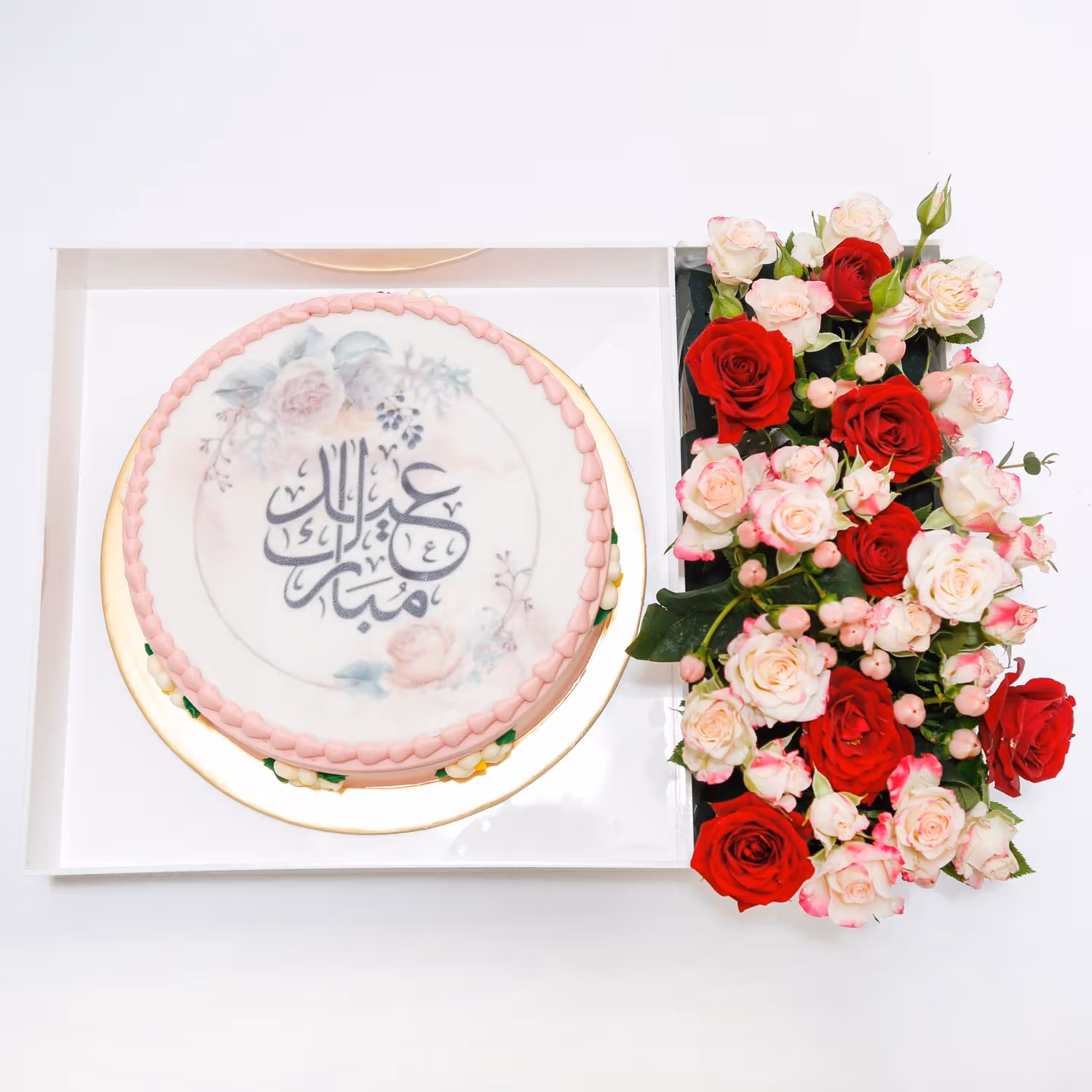 Elegant Pink Eid Mubarak Cake with Floral Arrangement in Acrylic Box