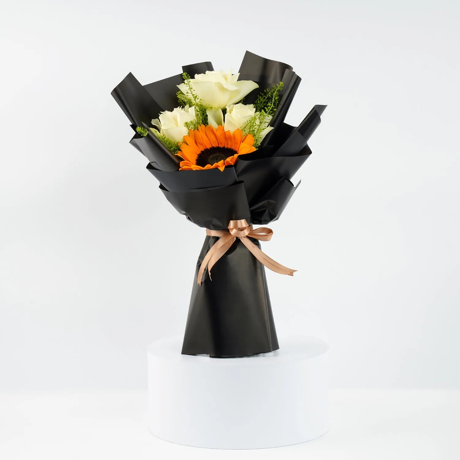 Luxurious Godiva Mini Royal Box with Sunflowers & White Roses Bouquet