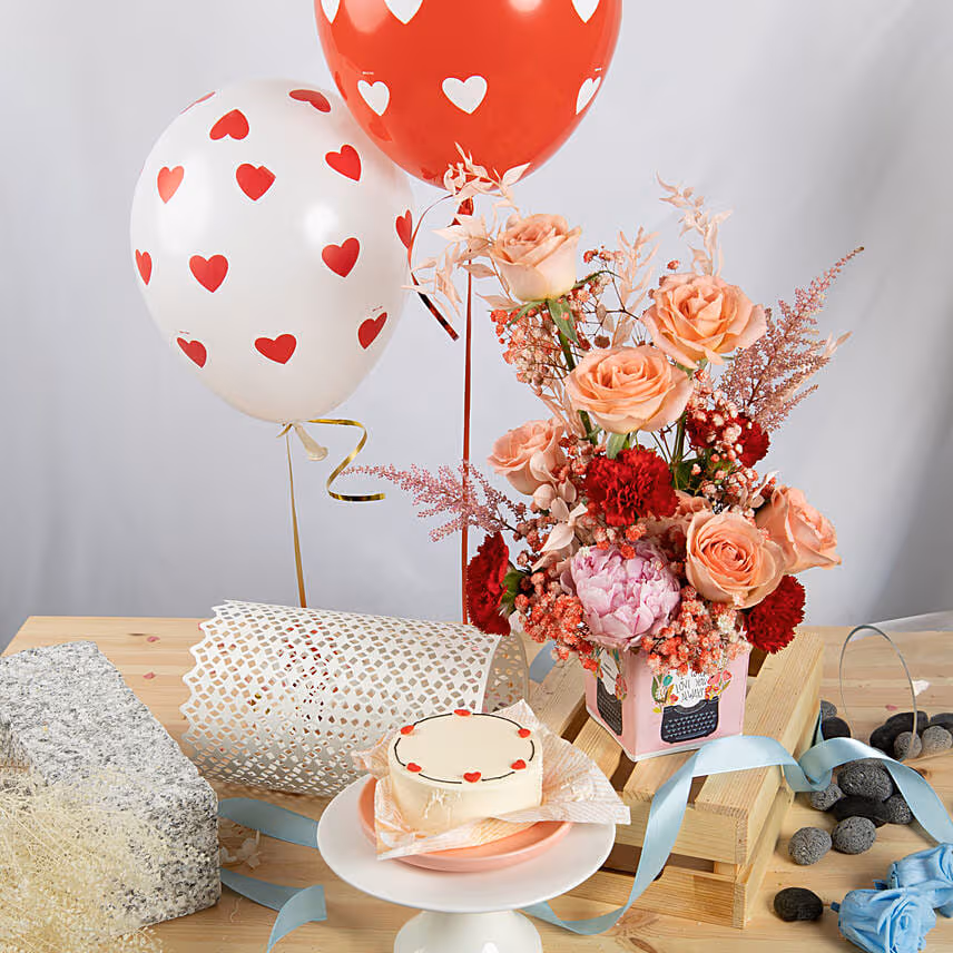 Anniversary Love Flower with Cake and Balloons