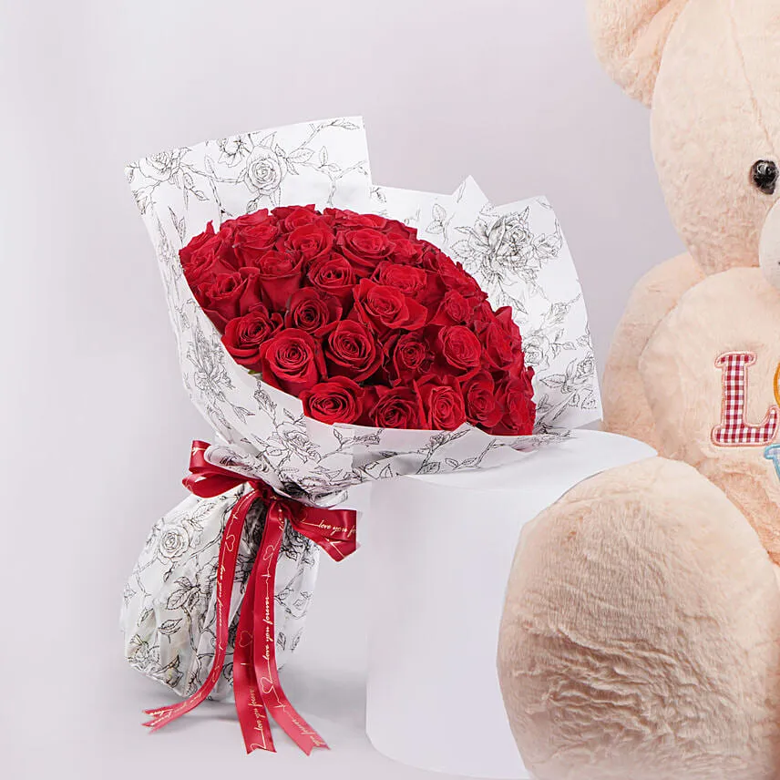 Red Roses with Big Pink Teddy