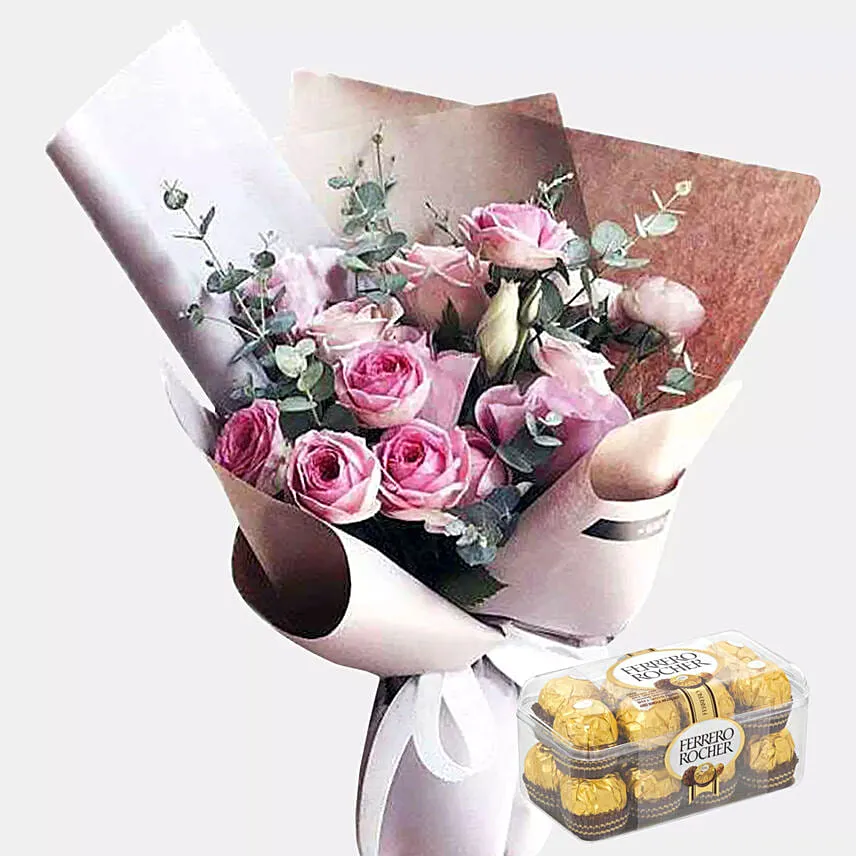 15 Pink Roses Bouquet With Ferrero Rocher