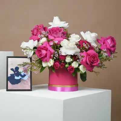 Elegant Romantic Floral Arrangement with Personalized Photo Frame