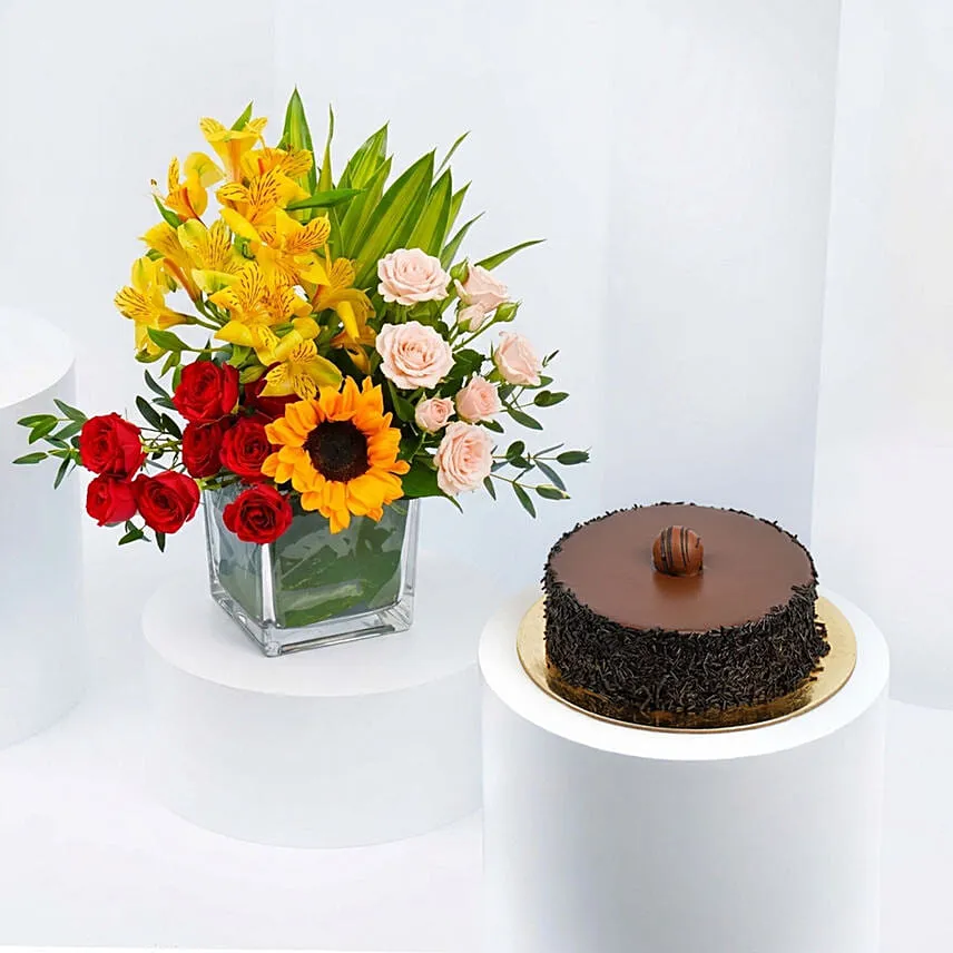 Delightful Birthday Chocolate Cake and Flowers