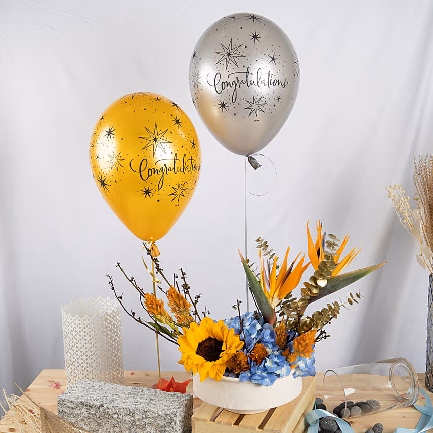 Yellow and Blue Flowers Magic with Congrats Balloons