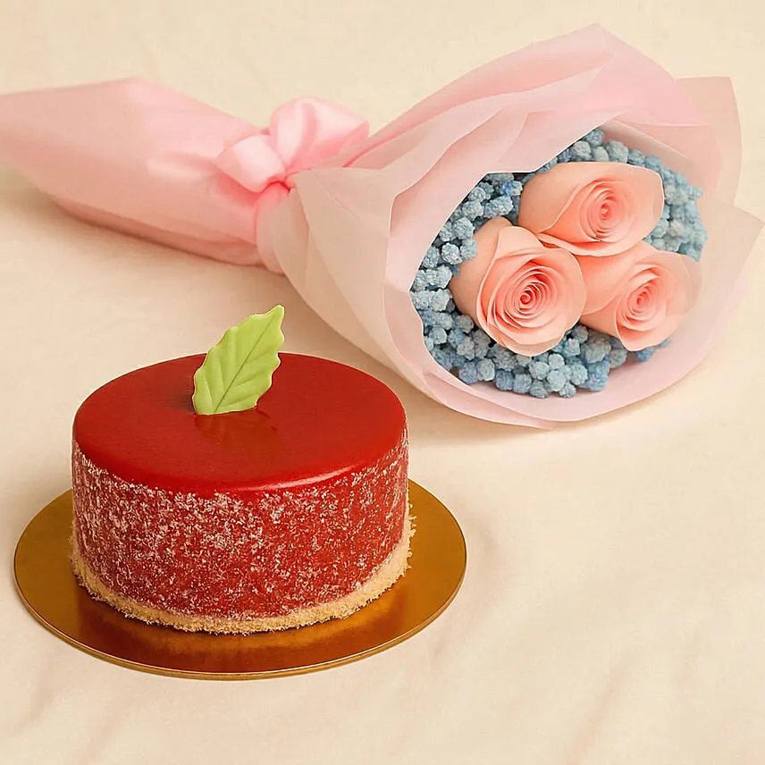Lovely Pink Rose Baby Breath Bouquet With Mini Mousse Cake