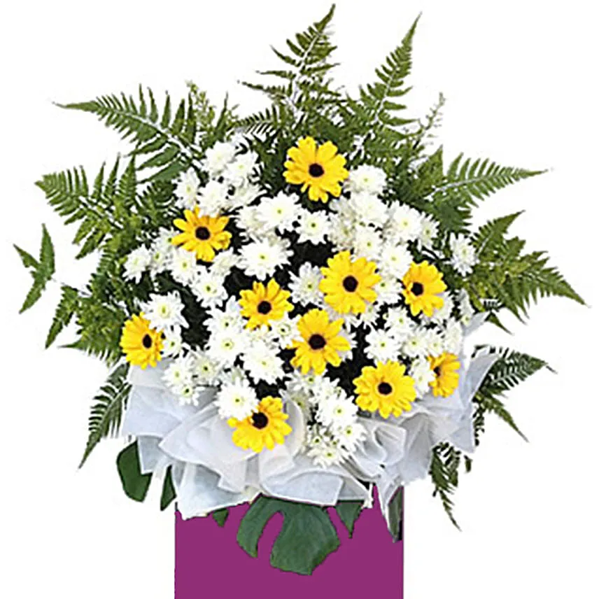 Yellow Gerberas White Pom In Beautiful Pink Stand