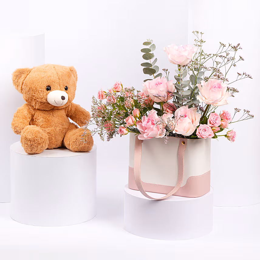 Pink Roses Blush Bag with Teddy