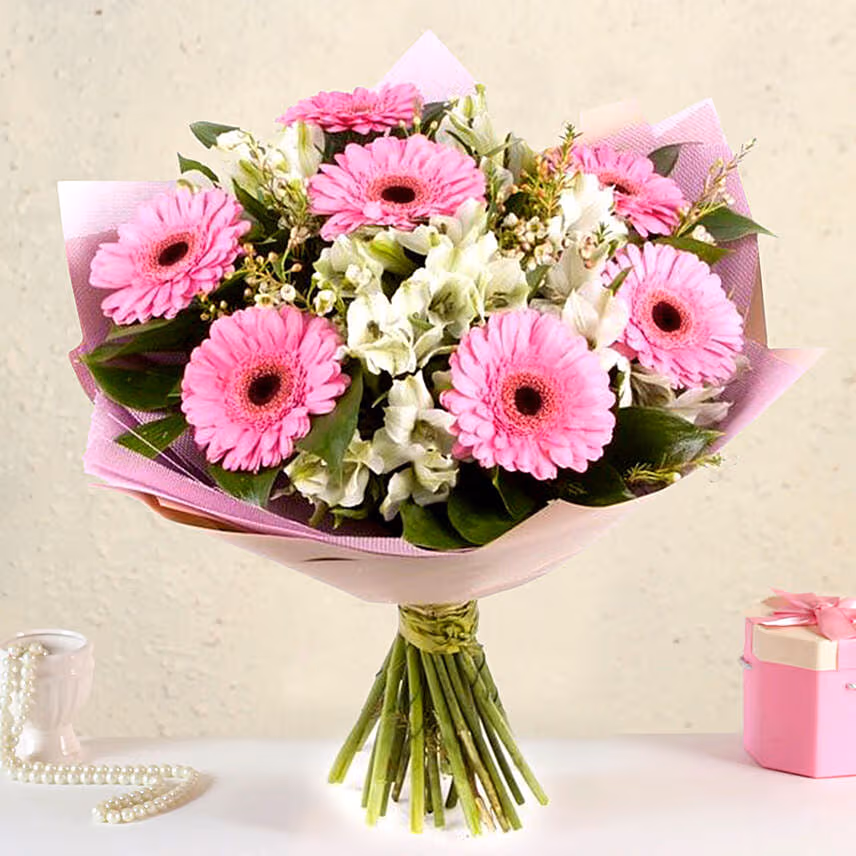 Serene Gerberas N Alstroemeria Bouquet With Chocolate Cake
