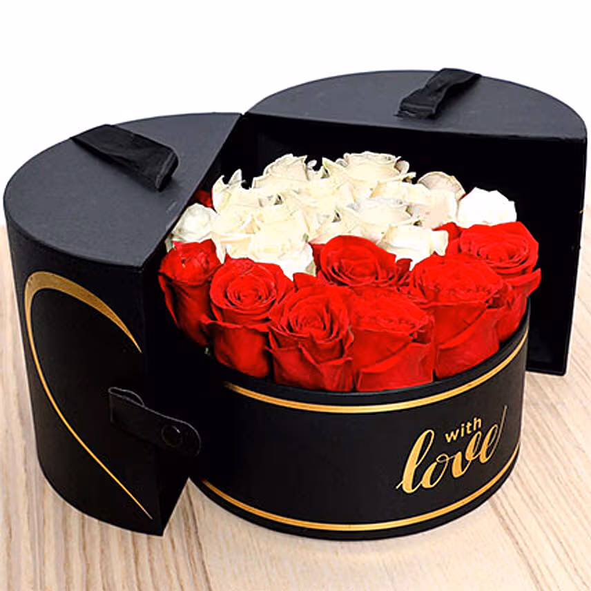 Charming Red & White Roses With Mini Mousse Cake For Valentines