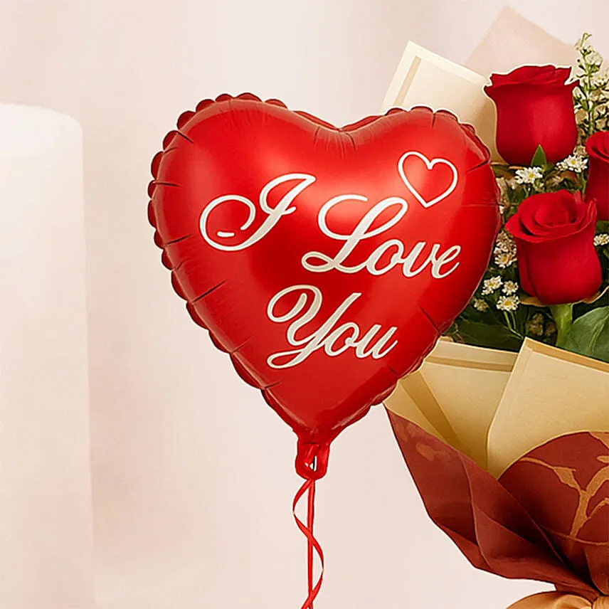 Designer Red Roses Bouquet With I Love You Balloon