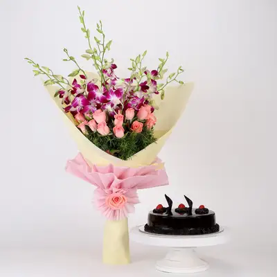 Truffle Cake With Orchids Roses Bunch