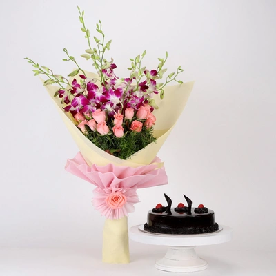 Truffle Cake With Orchids Roses Bunch