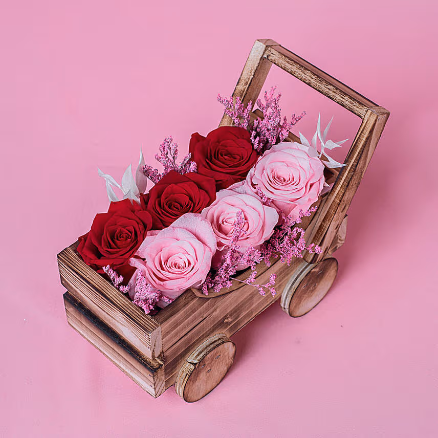 Preserved Roses Arrangment In a Cart