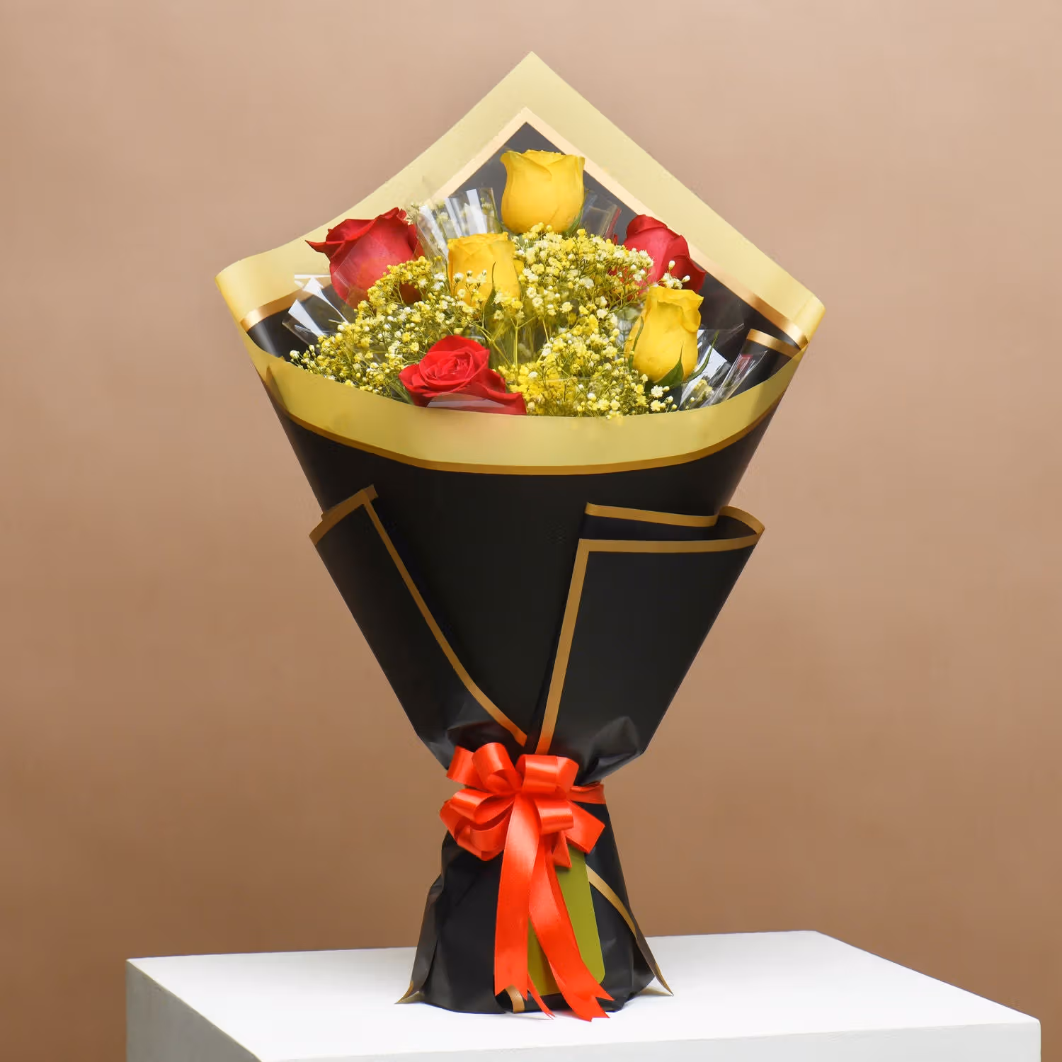 Radiant Sunshine Roses with Decadent Chocolate Cake