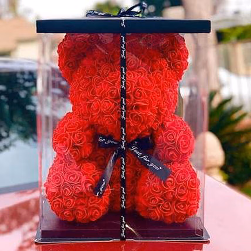 Artificial Red Roses Teddy With Cake For Love