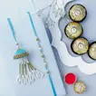 Elegant Tranquil Teal Jhumar Lumba Pearl Rakhi Set with Ferrero Rocher Indulgence