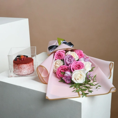 Elegant Rose Bouquet with Red Velvet Mono Cake
