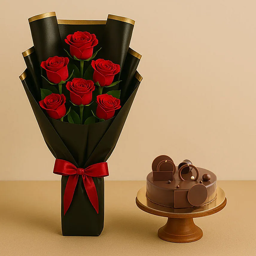 Chocolate Cake with Bunch of 6 Red Roses