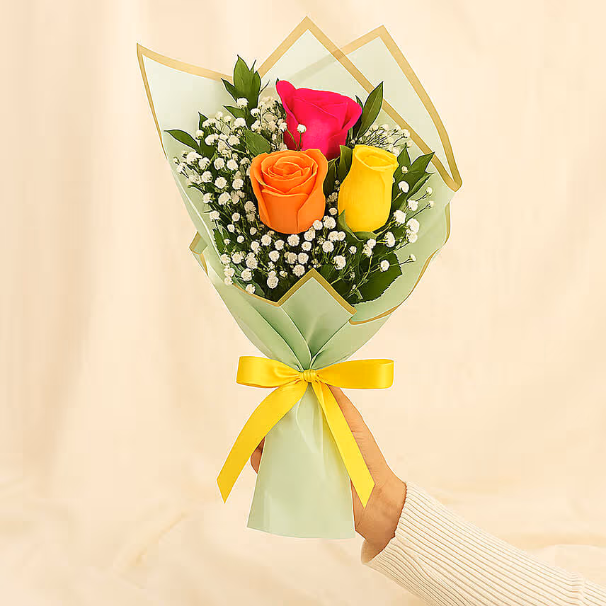 Three Mix Roses Hand Bouquet