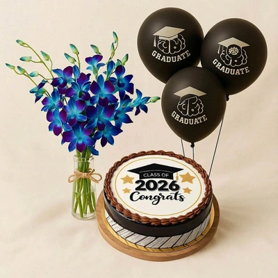Blue Orchid Graduation Gift With Cake n Balloons