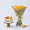 Bright Yellow Roses Bouquet with Fresh Fruit Vanilla Cake