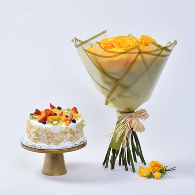 Bright Yellow Roses Bouquet with Fresh Fruit Vanilla Cake