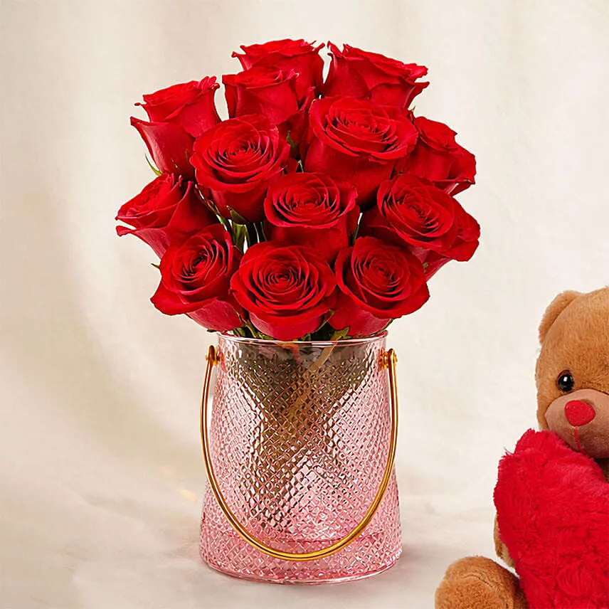 Valentines Roses Elegance Vase with Teddy