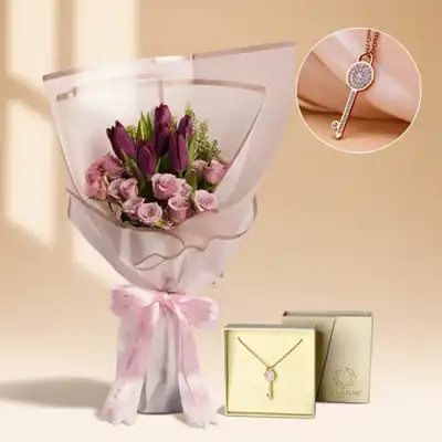 Elegant Mother's Keepsake: Purple Tulips & Rose Gold Necklace Combo