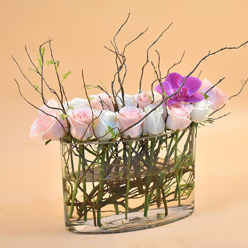 Serene Mixed Flowers Clear Glass Vase