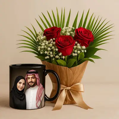 هدية حب | باقة ورد مع كوب بالصورة الشخصية