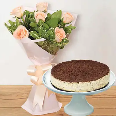 Hopeful Peach Roses Posy & Oreo Cheesecake