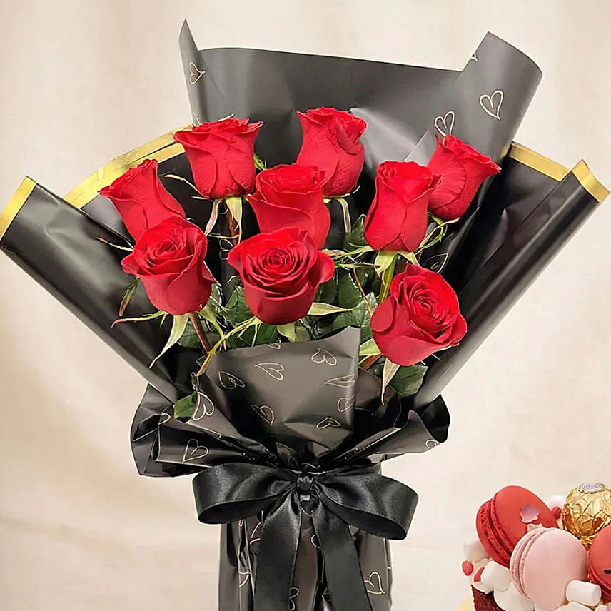 Valentines 9 Roses and Cake Combo