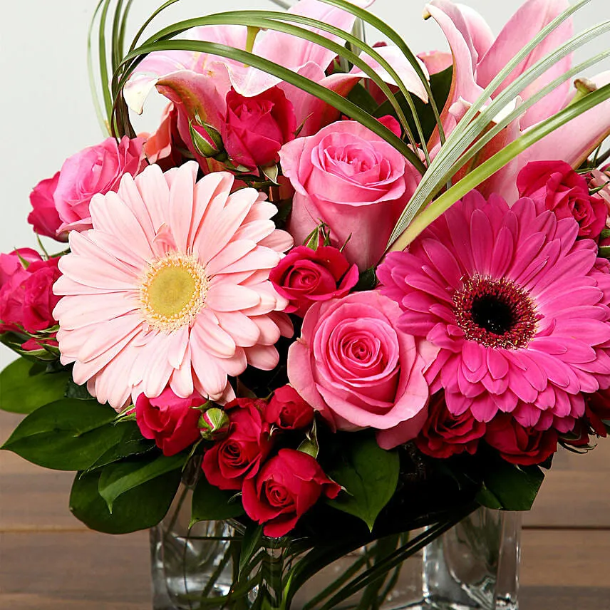 Roses And Gerbera Arrangement In Glass Vase