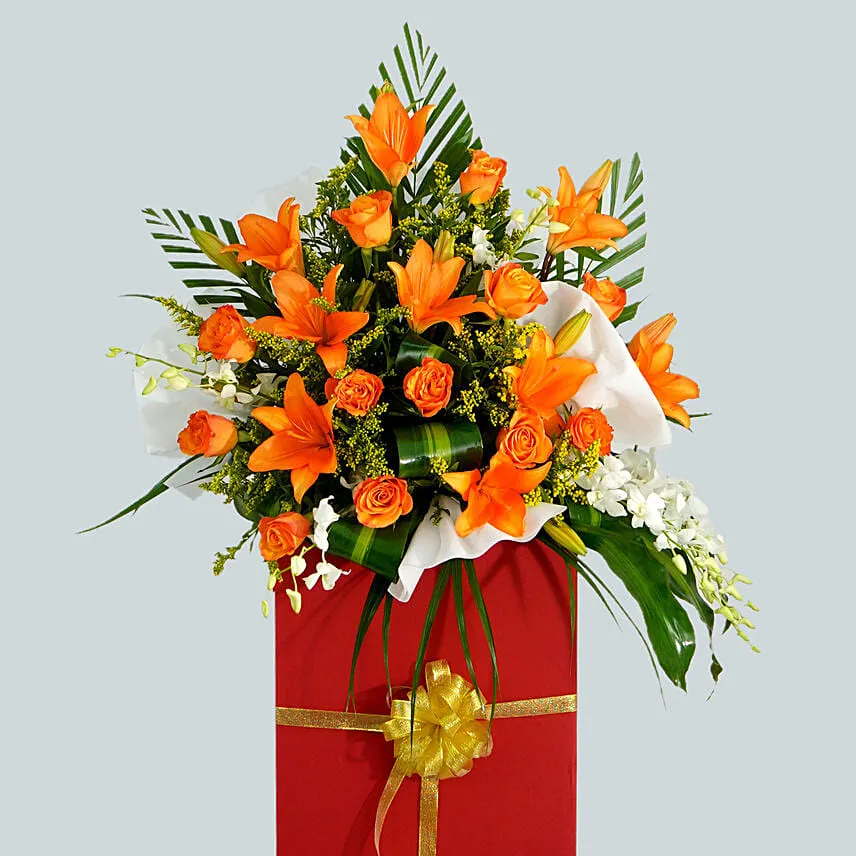 Vibrant Mixed Flowers Red Cardboard Stand