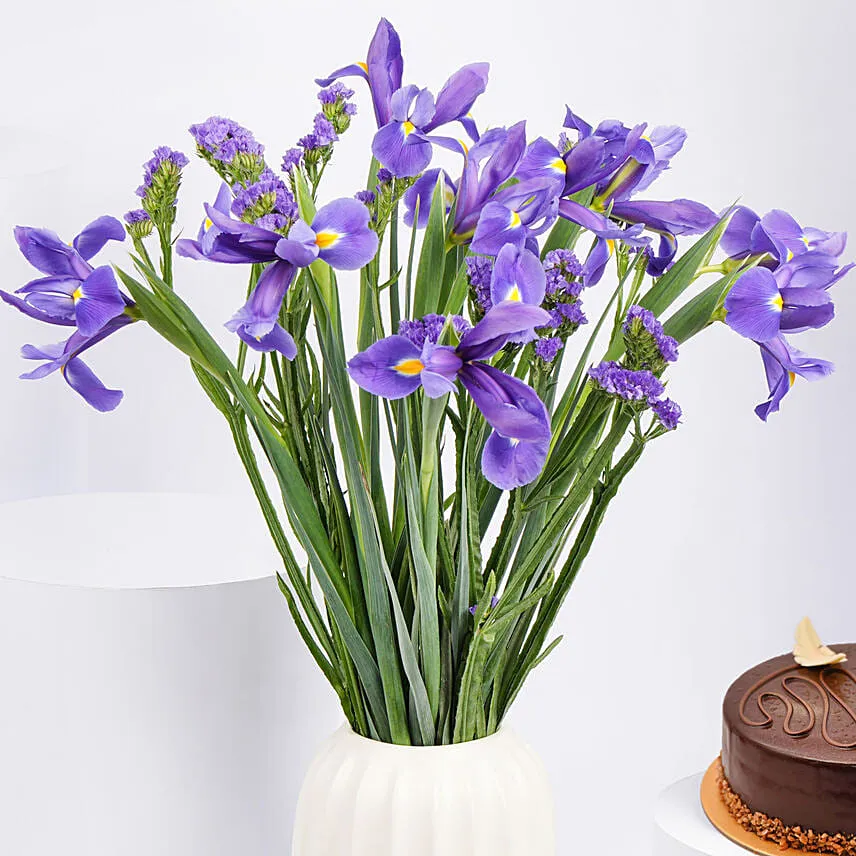 IRIS Flowers Arrangement in Premium Vase with Cake