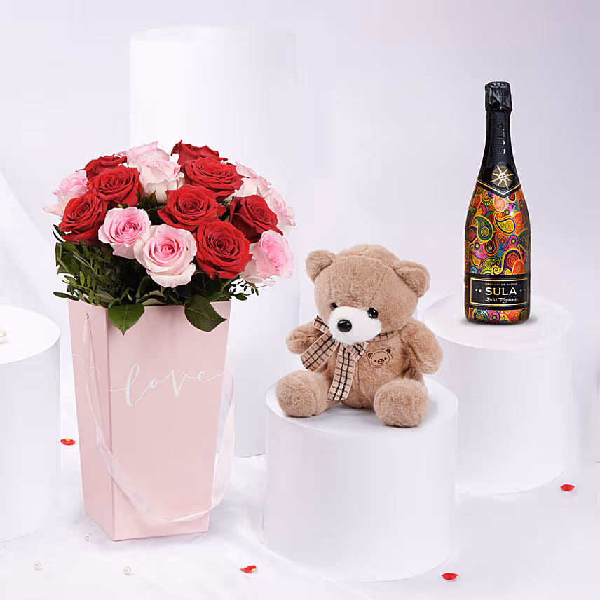 Roses Teddy and Wine Combo for Valentines
