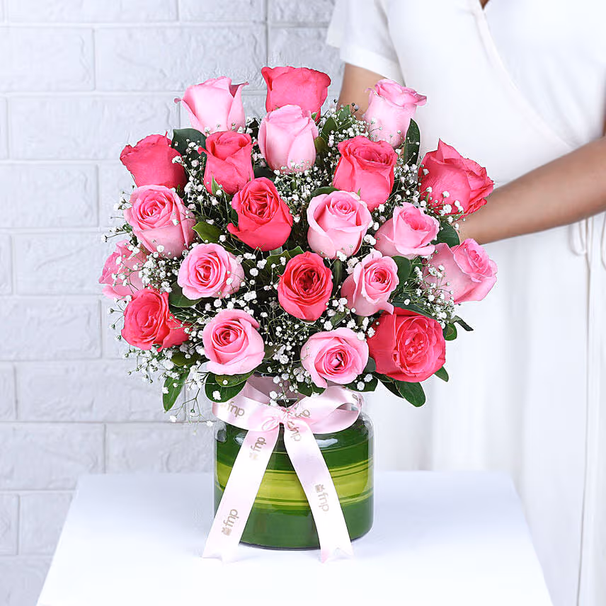 Beautiful Pink Roses Glass Vase Arrangement