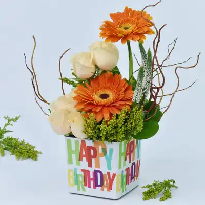 Vibrant Gerbera and Roses Birthday Floral Arrangement