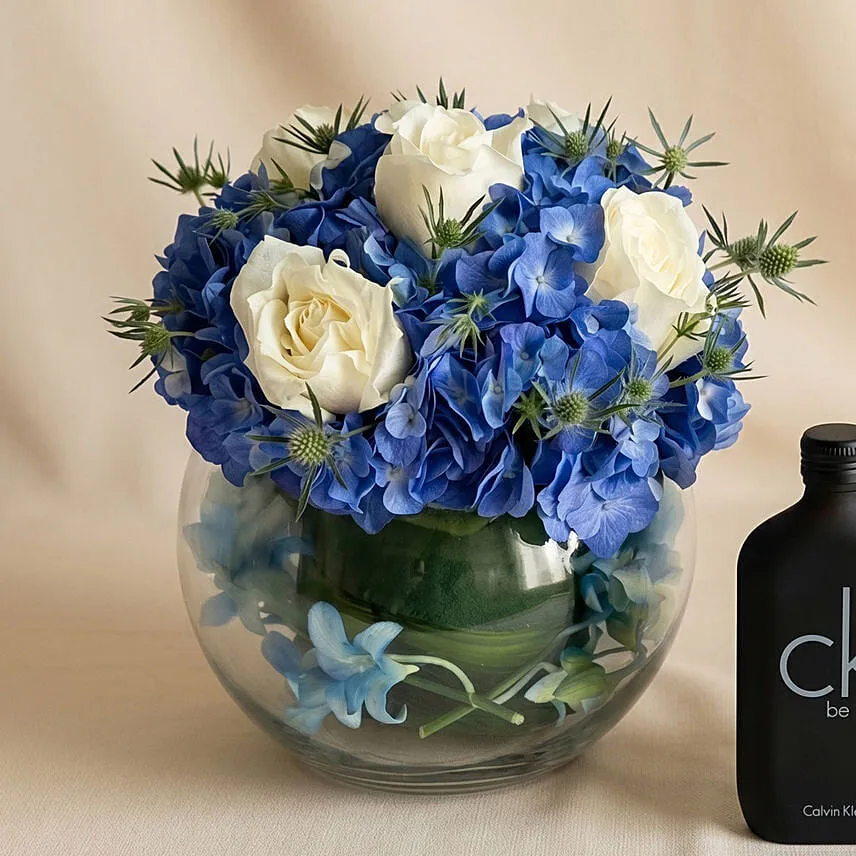 Elegant Hydrangea & Rose Glass Bowl with Perfume Gift for Dad